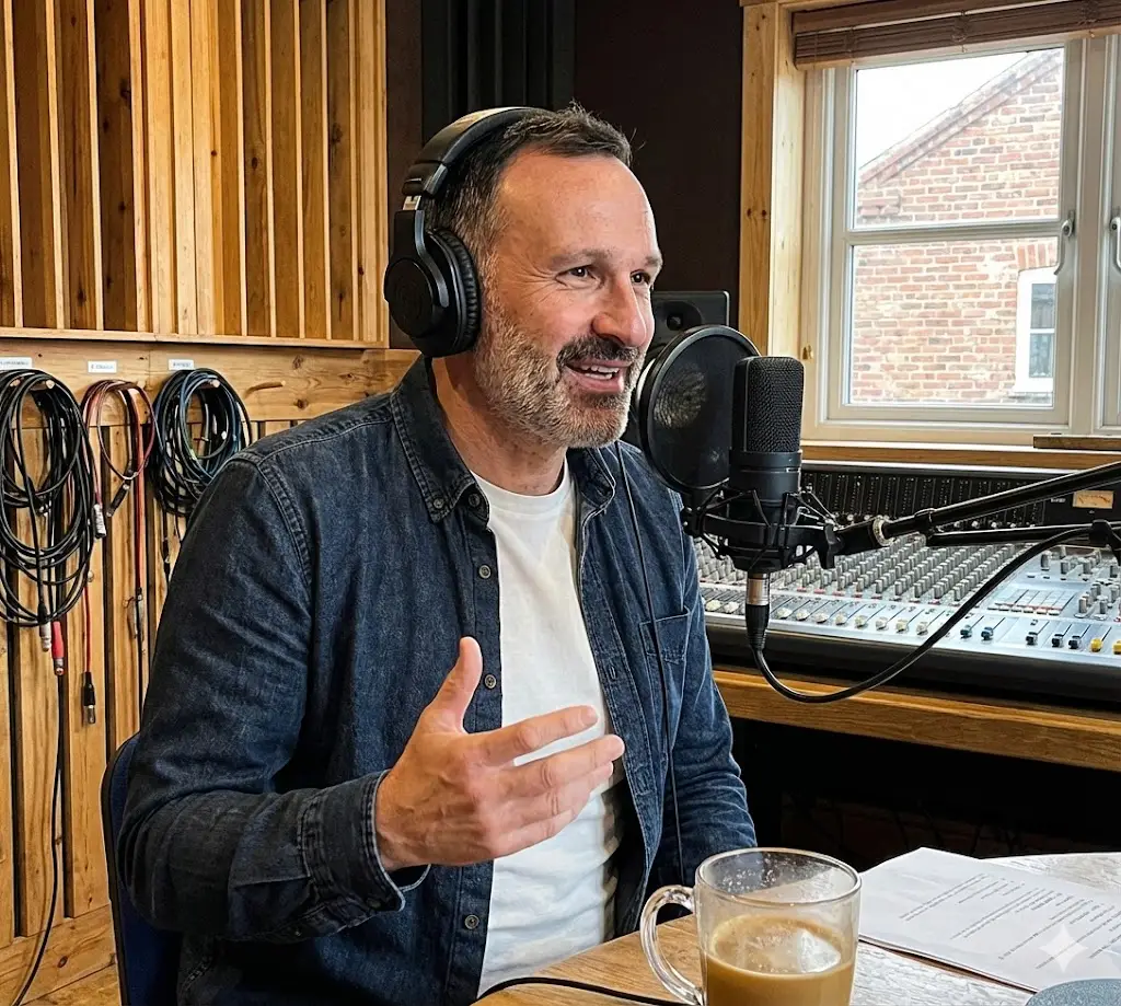 Ben Nathan recording a podcast in a studio